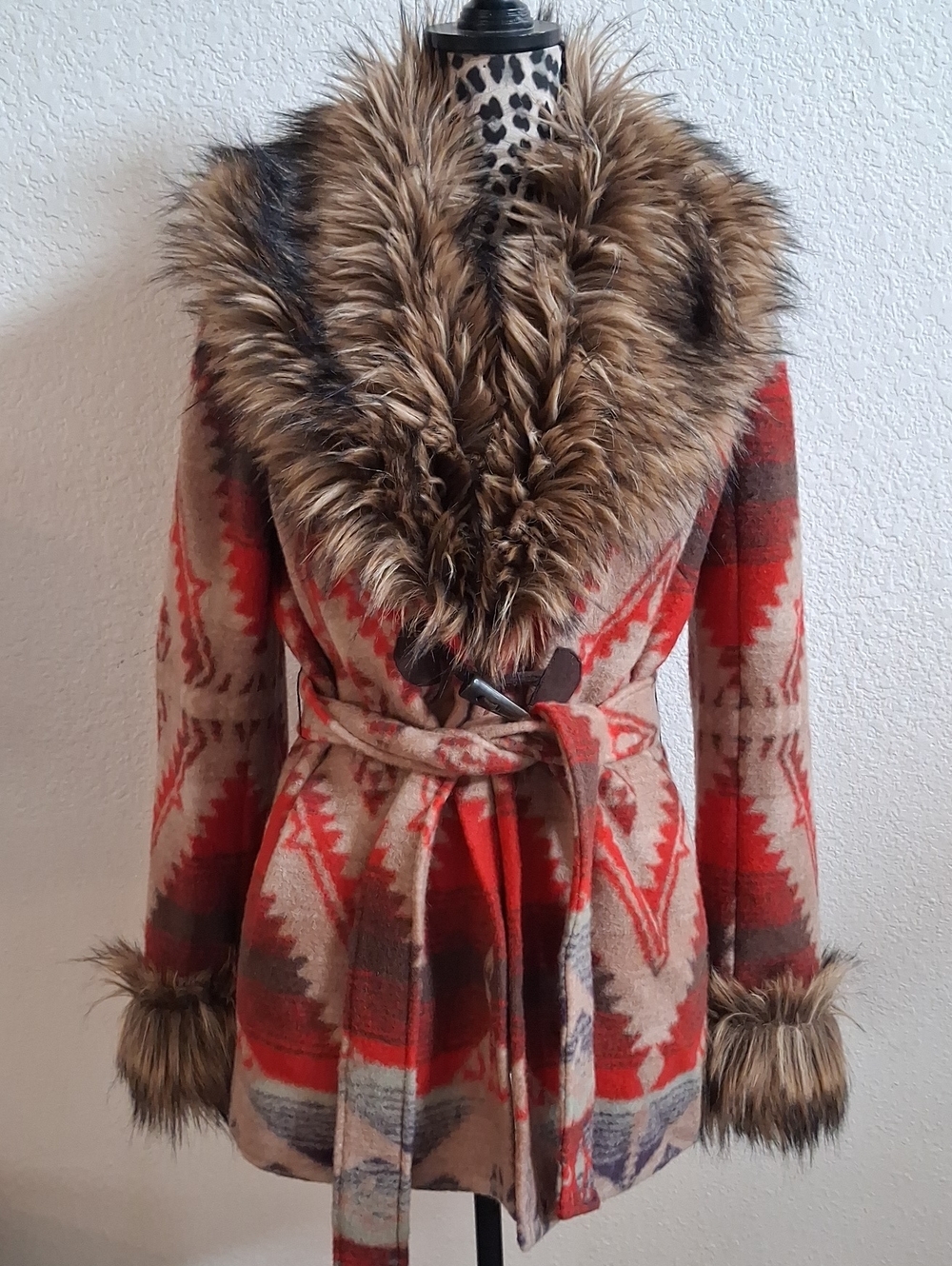 NWOT Boston Proper Aztec Pattern,  Wool Blend Faux Fur-Trimmed Belted Jacket (6)